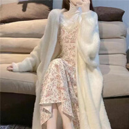 歌班婭白色毛絨連帽毛衣開衫外套女秋冬季加厚慵懶風外穿長款針織上衣 032白色衣長110 M 建議95-110斤