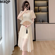 MXQP2025夏季新款蕾絲連衣裙顯瘦甜美新中式旗袍氣質(zhì)時尚a字復古裙 杏色 L 【105-120斤】