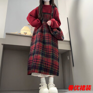 芭瑾圖單套裝2024秋冬季復古學院風毛呢背帶連衣裙女學生紅色針織毛衣 套裝格紋背帶裙+紅色毛衣 M