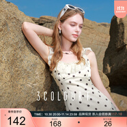 三彩2025夏季新款波點連衣裙蕾絲拼接A字裙無袖長裙浪漫F