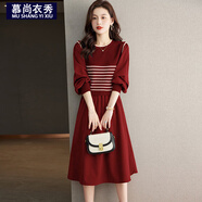 連衣裙女2025春季新款女裝法式復(fù)古氣質(zhì)顯瘦條紋拼接針織裙子女 酒紅色 L 建議100-115斤