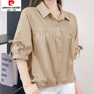 皮爾卡丹純棉短袖襯衫女夏季蝴蝶結2025薄款短袖襯衣寬松時(shí)尚減齡中袖上衣 卡其色 8282 S