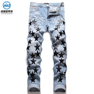 結盟者春夏復古拼接破洞貼布牛仔褲男士刺繡修身小腳褲男彈力繡花長(cháng)褲子 SS_3321_AM 34