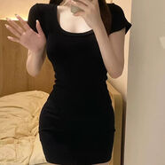 獨旅女裝彈力收腰棉連衣裙女夏季U領(lǐng)短袖緊身T恤裙修身顯瘦包 黑色【顯瘦遮肚】 【好質(zhì)量】 M 建議90-105斤