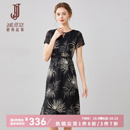 經(jīng)典故事（JANE STORY）中長款印花連衣裙女2025夏季新款時尚圓領(lǐng)氣質(zhì)黑色高端雪紡裙子 R23 黑帶杏色 S