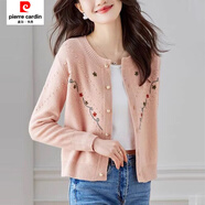 皮爾卡丹（pierre cardin）新中式外套女秋冬新款手工繡花碎花針織開(kāi)衫外穿毛衣寬松外套 粉色 S