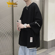 KIN DON夏季2024日系白色ins大碼男裝七分袖T恤男加肥加大碼短袖刺繡體恤 黑色 XL