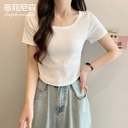 多菲尼森2024夏季女士T恤正肩純欲風(fēng)修身螺紋短袖T恤女棉設(shè)計感百搭上衣潮 白色 L