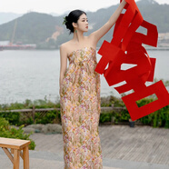 旻婷giftmate晨袍女新娘結婚禮服晨拍抹胸新中式旗袍孕婦拍照寫(xiě)真服裝 米色繁花抹胸晨袍 XS (90斤以?xún)?