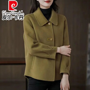 皮爾卡丹（pierre cardin）2025新款雙面絨毛呢外套女士短款顯瘦媽媽時尚秋冬上衣胖人特大碼 卡其綠 L 95-110斤