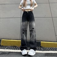 南極人（Nanjiren）新款美式牛仔褲女ins潮流高腰顯瘦休閑百搭寬松遮肉直筒闊腿褲子 黑色 S