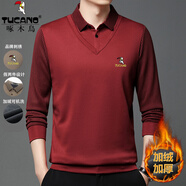 啄木鳥（TUCANO）加絨長(zhǎng)袖T恤男士加厚假兩件襯衫領(lǐng)男上衣冬季新款中年保暖打底衫 紅色 2XL (180) (推薦150-170斤)