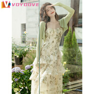 VOYDOVE法式純欲風(fēng)夏季碎花吊帶連衣裙2025新款女春秋小清新針織衫兩件套 開衫+吊帶裙【z】 M