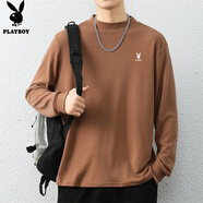 花花公子（PLAYBOY）長袖T恤男春秋季衛(wèi)衣男士休閑男裝純色上衣服德絨打底衫 咖啡 2XL