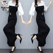 啄木鳥(niǎo)黑色連體褲女2025夏新款韓版休閑氣質(zhì)連衣長(cháng)褲春夏防曬闊腿褲套裝 黑白拼接連體褲 347款 M 95-105