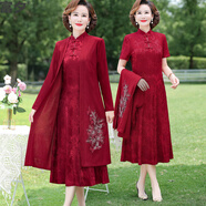 富夕喜婆婆婚宴裝加大碼旗袍兩件套裝連衣裙高貴新款秋冬媽媽結婚禮服 酒紅色 兩件套（不加絨） 4XL 建議135-145斤