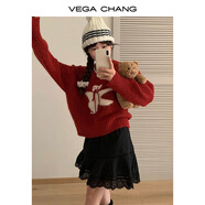 VEGA CHANG羊毛針織衫女2025年春秋季新款設(shè)計感甜美風(fēng)系帶小熊毛衣 復(fù)古紅 均碼