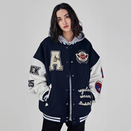 A CHOCK毛巾繡美式字母棒球服街頭夾棉加厚夾克外套 藏青色夾棉款 XL