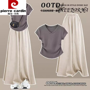 皮爾卡丹（pierre cardin）禪意風(fēng)休閑短袖兩件套茶系山本褲裙套裝女酷搭配一整套夏裝2025 深灰色上衣+奶杏色山本褲裙【新 S