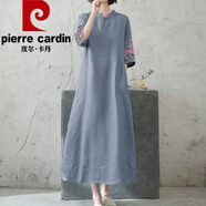 皮爾卡丹（pierre cardin）文藝復(fù)古民族風(fēng)上衣女刺繡花棉麻連衣裙盤扣立領(lǐng)五分袖連衣裙女裝 灰色 XL 115-130斤