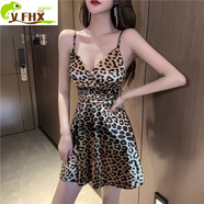 VFHX豹紋性感深V吊帶連衣裙夜場桑拿技師工作服低胸氣質(zhì)高腰顯瘦短裙 豹紋 XL
