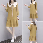 TTPMER歐洲站2025秋新款大碼長(zhǎng)袖娃娃領(lǐng)連衣裙女百褶胖MM時(shí)尚 黃色長(zhǎng)袖 S