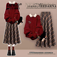 鹿依檸新款連衣裙女2024秋冬女裝時(shí)尚氣質(zhì)復古格紋圣誕新年紅色套裝裙子 紅色毛衣+白色襯衫+格紋裙子 M