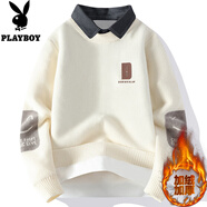 花花公子（PLAYBOY）襯衫領(lǐng)毛衣男秋冬款加絨加厚假兩件針織衫男寬松休閑內搭毛線(xiàn)衣服 R9901米白色加絨 L