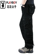 花花公子（PLAYBOY）多口袋工裝褲男士加肥加大含棉直筒寬松戶(hù)外耐磨休閑大碼肥佬褲子 【八口袋】黑色 44 3尺3