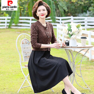 皮爾卡丹（pierre cardin）媽媽春裝連衣裙假兩件長袖打底裙中老年女春秋中長款蕾絲過膝裙子 咖色 XL (參考90-105斤)