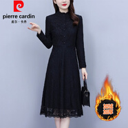 皮爾卡丹（pierre cardin）黑色長(cháng)袖蕾絲連衣裙女感秋冬季加絨加厚氣質(zhì)打底裙子 黑色加絨  XL 【105-120斤】