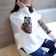 大唐喜樂(lè )牛高領(lǐng)線(xiàn)衣復古民族風(fēng)短款毛衣女加厚秋冬寬松開(kāi)叉打底衫純色針織衫 米色 M