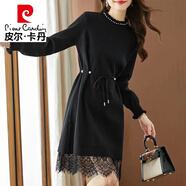 皮爾卡丹（pierre cardin）秋冬季新款半高領(lǐng)針織連衣裙珍珠抽繩收腰中長(zhǎng)蕾絲毛衣裙氣質(zhì)女裝 黑色 S