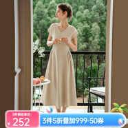 Olrain歐芮兒深灰色連衣裙女裝夏季新款時(shí)尚收腰顯瘦傘擺裙子 裸杏色 M