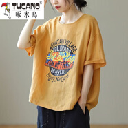 啄木鳥(niǎo)棉麻t恤女上衣寬松遮肚子超輕薄透氣胖m大尺碼短袖文藝胖女裝 黃色 字母圖案 3XL 140-160斤