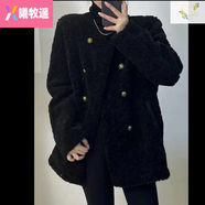 曦牧遙鑫月鑫大碼女裝2024秋冬毛毛雙排扣加厚大朵毛寬松復(fù)古時(shí)尚大外套 黑色 3XL 135-145