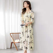 尚都比拉優(yōu)雅通勤收腰肌理淡雅印花連衣裙夏季新款女裝碎花裙子 杏底黑花 L