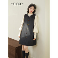 闊色（kuose）灰色背心毛呢連衣裙女秋冬新款早秋圓領(lǐng)無袖直筒呢子短裙 深灰色 M