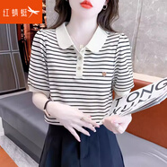 紅蜻蜓純棉短袖t恤女2025新款夏季條紋顯瘦寬松遮肉洋氣別致女士上衣 黑色條紋短袖 S 【建議90斤以下】