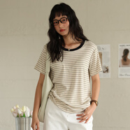 MJ風(fēng)格Lyocell天絲亞麻短袖女性2025夏季新光圓領(lǐng)多功能底襯衫 麻條-條紋款 M