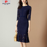 皮爾卡丹（pierre cardin）2025秋冬季新款優(yōu)雅名媛修身顯瘦魚(yú)尾裙中長(cháng)款蕾絲連衣裙女洋氣 藍色 L 108-118