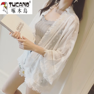 啄木鳥(niǎo)沙灘防曬衣女2025新款夏天韓版寬松披肩流蘇開(kāi)衫薄外套雪紡空調衫 白色L
