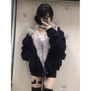 UGOTy2k套裝女秋冬辣妹亞比文化毛毛拼接棉服短款外套高腰短褲兩件套 外套 單件 XL