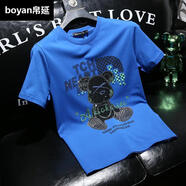 帛延歐洲站高端圓領(lǐng)絲光棉短袖T恤男夏季新款重工燙鉆小熊體恤修身潮 藍(lán)色 L