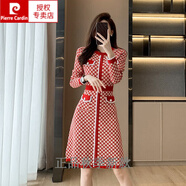皮爾卡丹（pierre cardin）小香風(fēng)紅色格子針織連衣裙女秋冬新款法式氣質(zhì)長(cháng)袖內搭打底毛衣裙 紅色 M