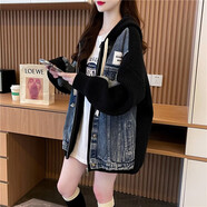 森次元（SENCIYUAN）2023新款慵懶風(fēng)牛仔拼接毛衣加厚短外套女秋冬連帽開衫上衣女 黑色 #均碼【建議85-155斤】