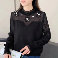 蕾絲半高領(lǐng)網(wǎng)紗袖拼接毛衣女2025春秋新款鏤空釘珠薄款針織打底衫 黑色 L 建議106-115斤