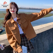 范哲狼（FANZELANG）2025春秋新款美拉德鹿皮絨外套女小個(gè)子復古休閑寬松短款夾克上衣 棕色【高品質(zhì)/帶里襯】 S 【建議80-95斤】