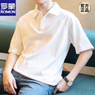羅蒙（ROMON）國潮T恤短袖男POLO.衫夏季新款NS半袖體恤純棉寬松翻領上衣服新品 純白色Polo XL 130-150斤