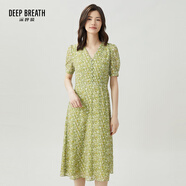 深呼吸DEEP BREATH女裝V領(lǐng)中長高腰泡泡袖收腰碎花連衣裙A500197 綠-白花 M (3碼)
